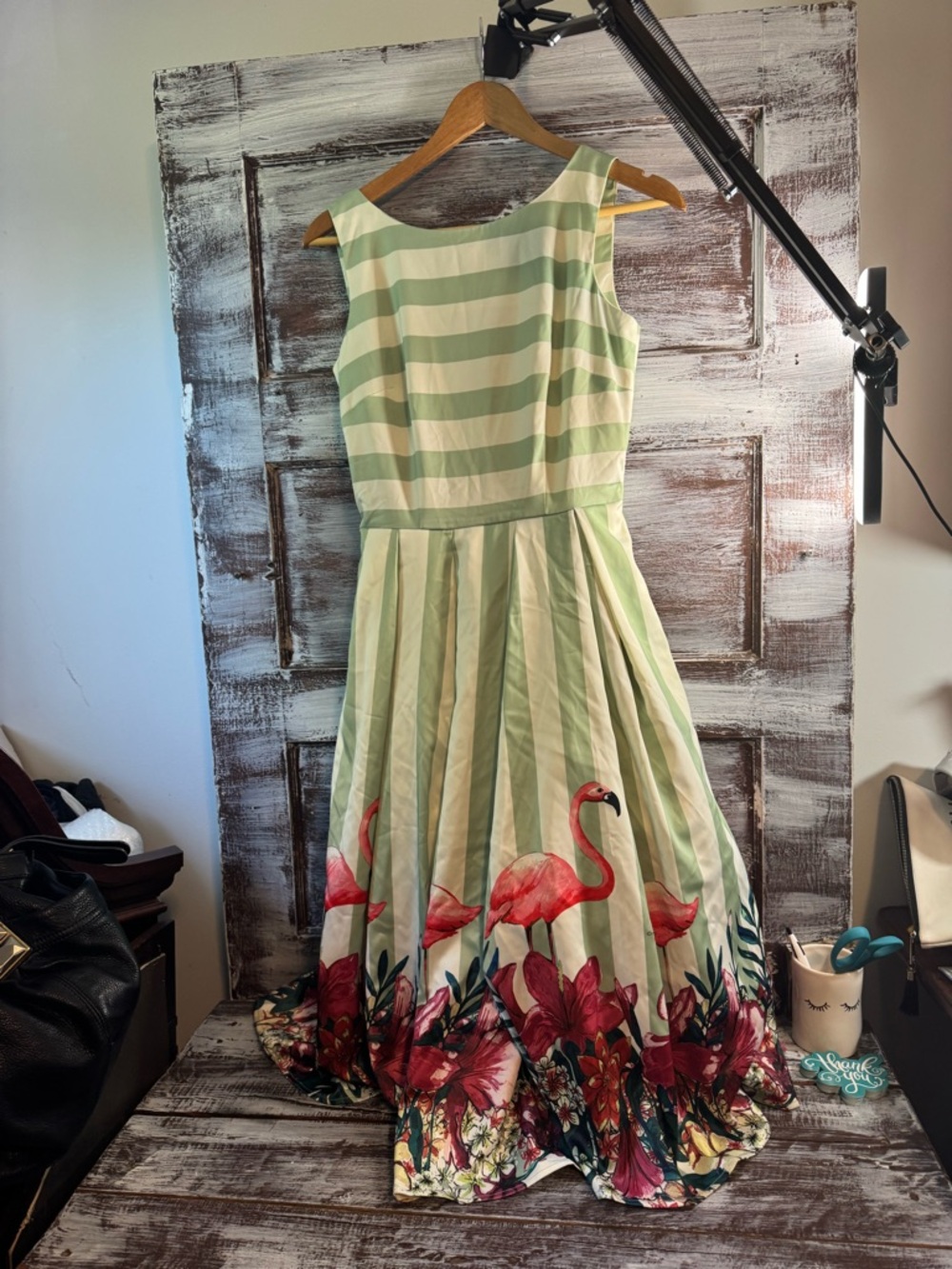 Collectif Mint & Cream Striped Midi Dress with Flamingo Floral Border